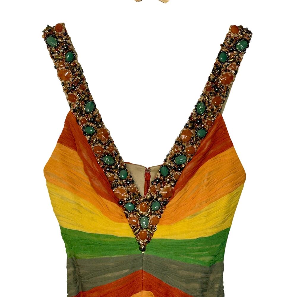 Beaded V-Neck Striped Midi Dress in Orange, Yellow & Green - Picture 2 of 15